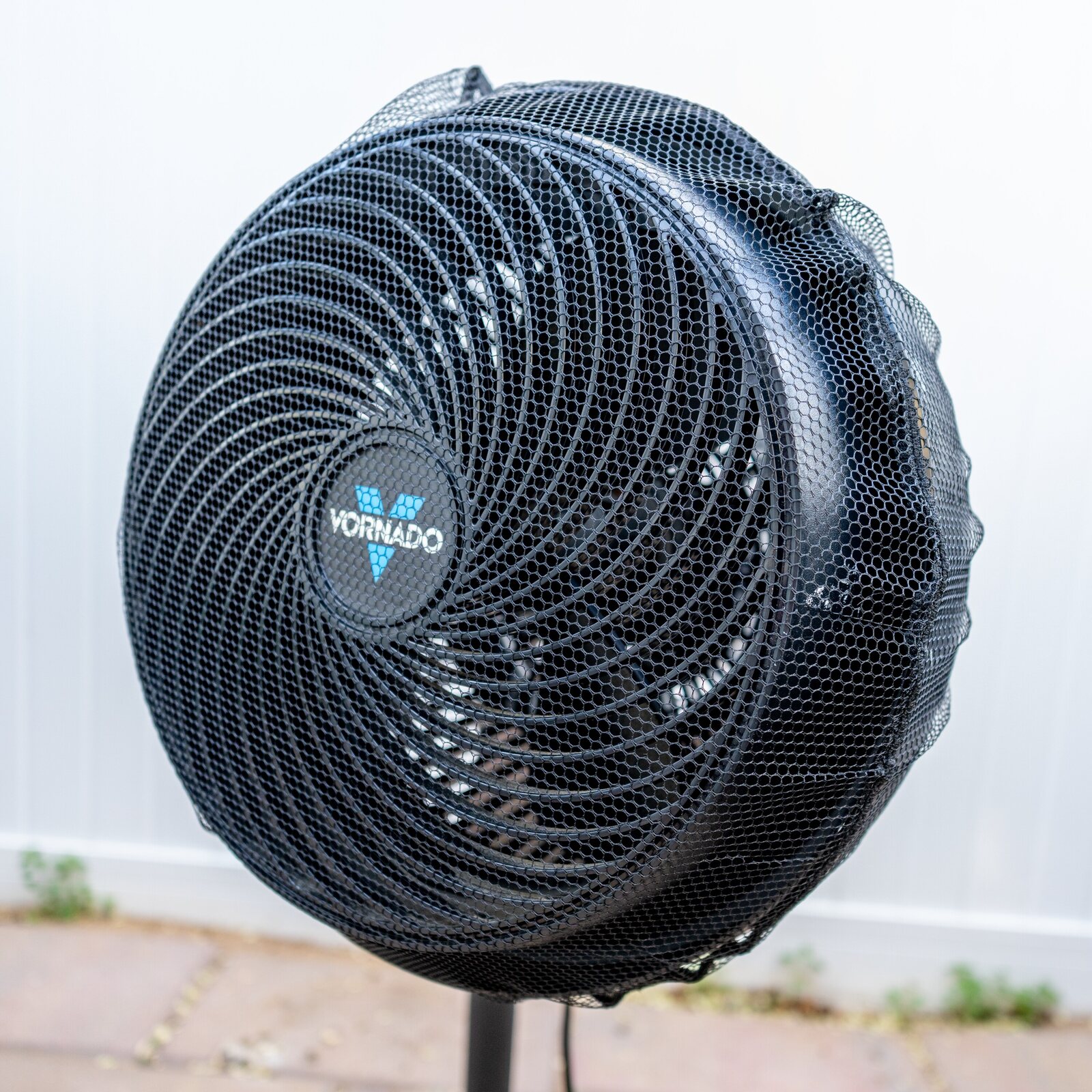 FurStopper Fan Filter mesh cover over a pedestal fan